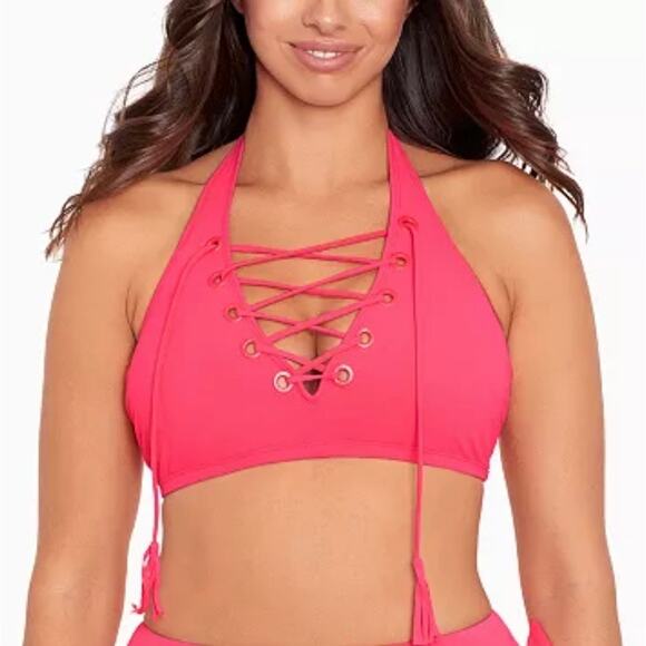 Miraclesuit Skinny Dippers Chili Red Stephie Lace Up Bikini Top M NWT - Picture 1 of 6
